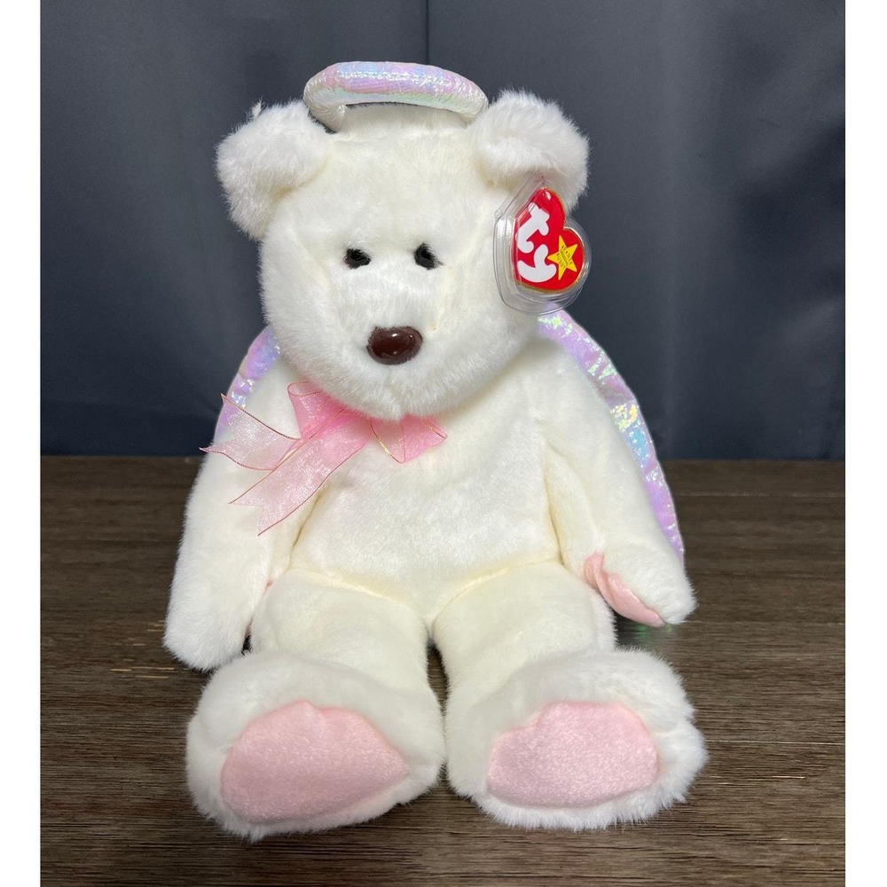 Vintage 1999 Ty Beanie Buddies Halo the Angel Bear White Plush Iridescent Wings